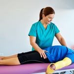 "A physical therapist demonstrating a personalized therapeutic exercise to a patient in a brightly lit clinic, fully clothed, appropriate content, safe for work, perfect anatomy, correct proportions, family-friendly"
