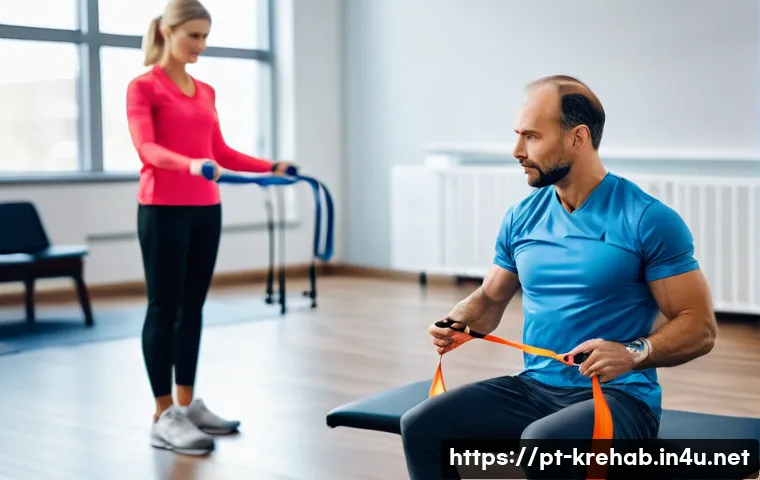 한방재활치료사가 작성한 업무 관련 일기 - A professional physical therapist in a modern rehabilitation clinic, attentively observing and assis...