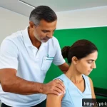 한방재활치료사가 알아야 할 근골격계 질환 - A detailed clinical scene inside a modern physiotherapy clinic in Brazil, showing a middle-aged male...