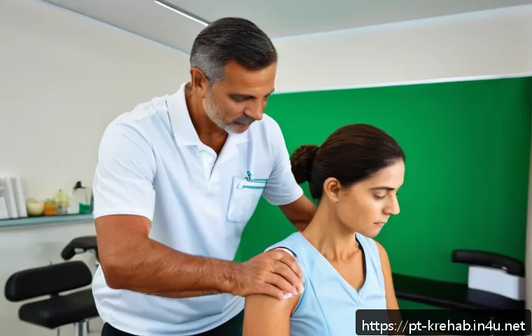 한방재활치료사가 알아야 할 근골격계 질환 - A detailed clinical scene inside a modern physiotherapy clinic in Brazil, showing a middle-aged male...