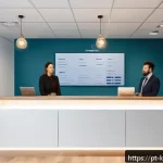 한방재활치료사의 근무 스케줄 조정 노하우 - A modern rehabilitation clinic reception area during a busy morning shift, featuring diverse therapi...