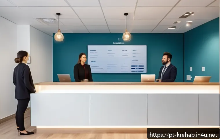 한방재활치료사의 근무 스케줄 조정 노하우 - A modern rehabilitation clinic reception area during a busy morning shift, featuring diverse therapi...