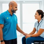 한방재활치료사의 근무 환경 - A rehabilitation therapist in a modern Brazilian private clinic, wearing professional attire and dem...