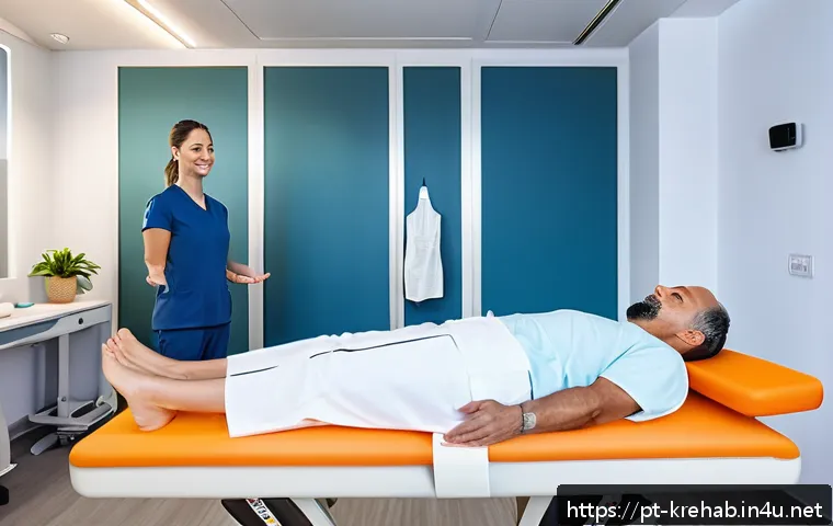 한방재활치료사의 임상 실무 가이드 - A modern physical therapy clinic scene showing a diverse group of adult patients engaged in personal...